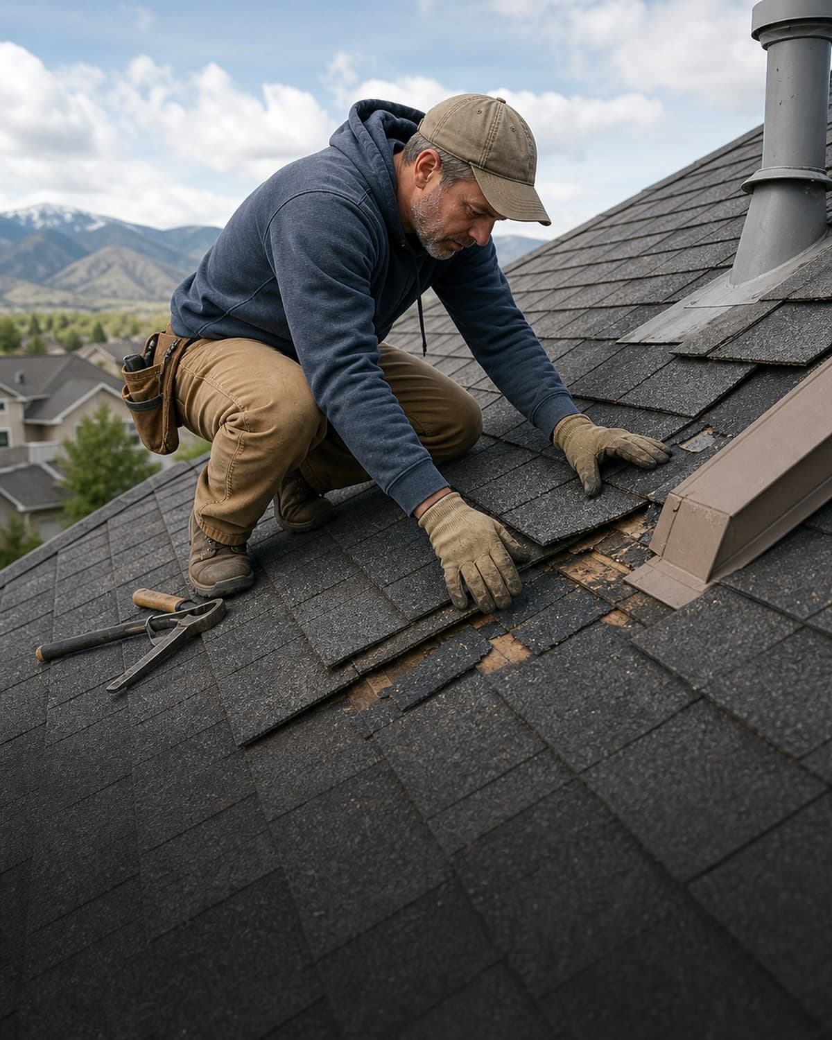 Roofing contractors working on a Windsor Colorado home